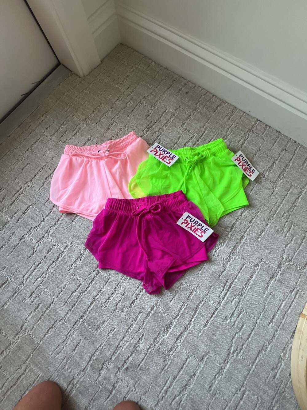 3 Pair Purple Pixies Mesh Overlay Athletic Drawstring Shorts Set